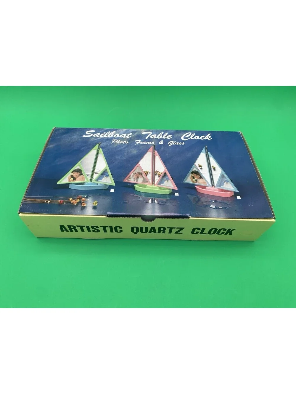 Retro 1980's Sailboat Table Clock, Photo Frame & Mirror - Green & Pink - NOS